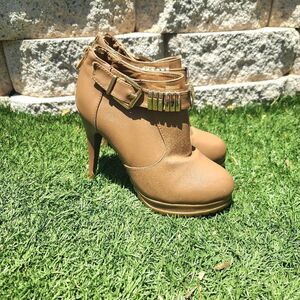 Women's brown leather ankle booties with heel